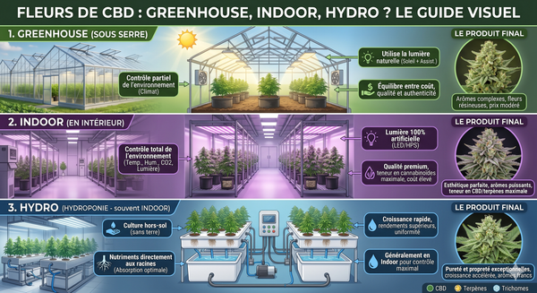 Fleurs de CBD : quelle est la différence entre Greenhouse, Indoor et Hydro ? - 420 Green road