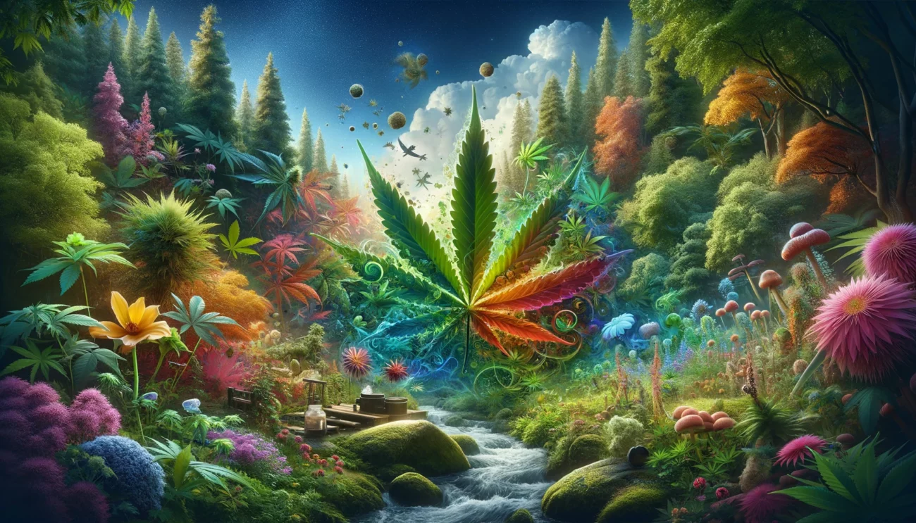 CBD | Sativa | CBD Francec | DALL·E 2024 02 27 03.10.10 Create a realistic image that represents the concept of cannabinoid synergy focusing on the tangible aspects of nature. Visualize this synergy throug