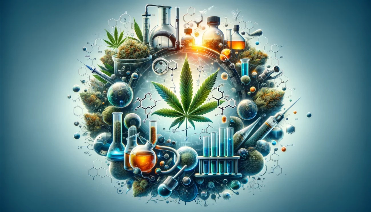 CBD | Sativa | CBD Francec | DALL·E 2024 02 27 03.16.26 Create a visually striking image that represents the concept of semi synthetic cannabinoids. The image should convey innovation and the blending of na